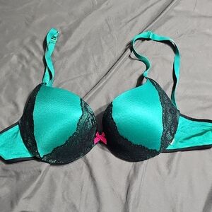 La SENZA Turquoise and Black Lace Bra with Pink Bow